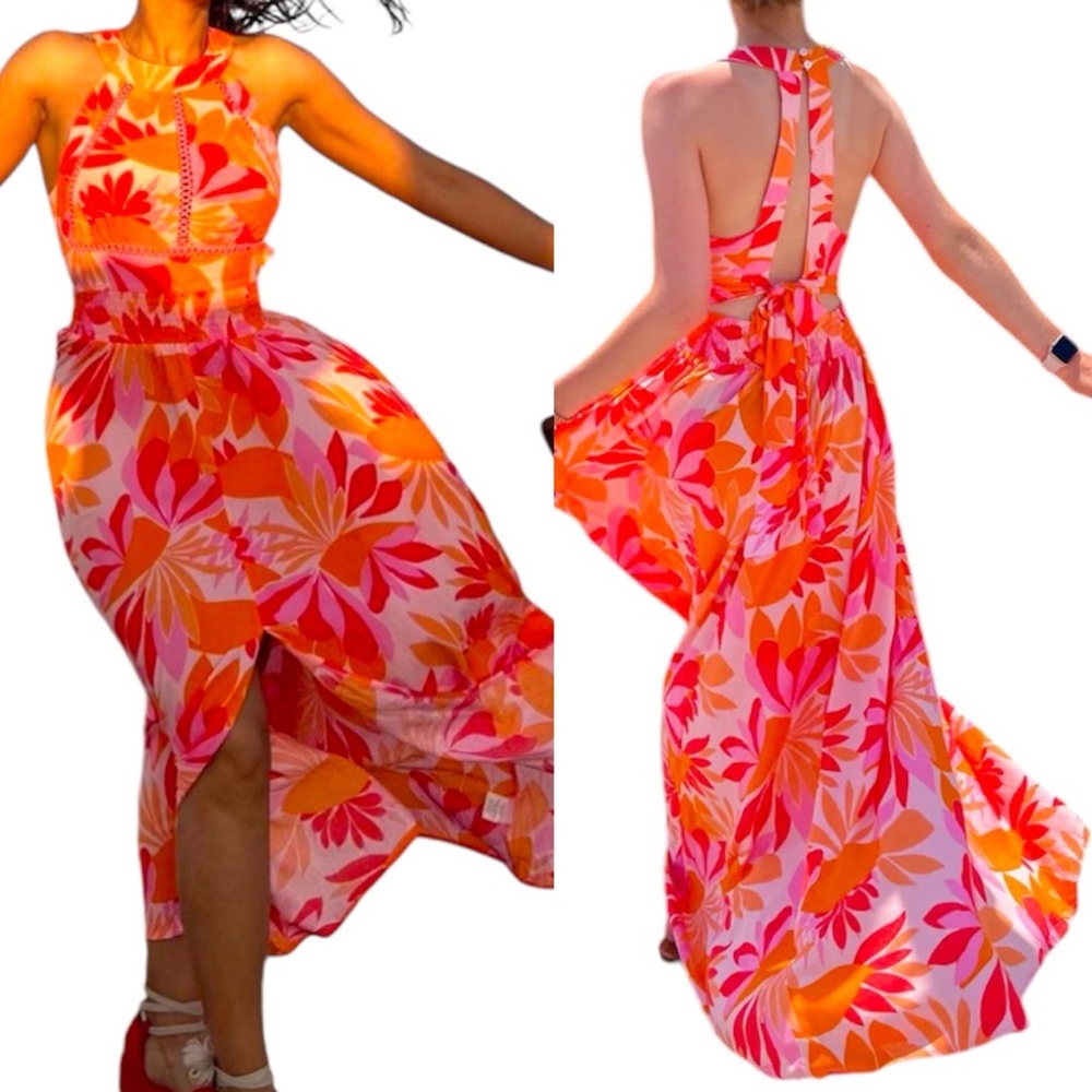 Anthropologie Abel The Label Rumi Orange Pink Tropical Halter Maxi Dress Medium